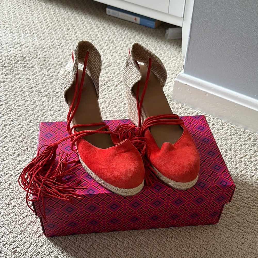 Castaner Red and Tan Espadrille Wedges with Ankle Strap